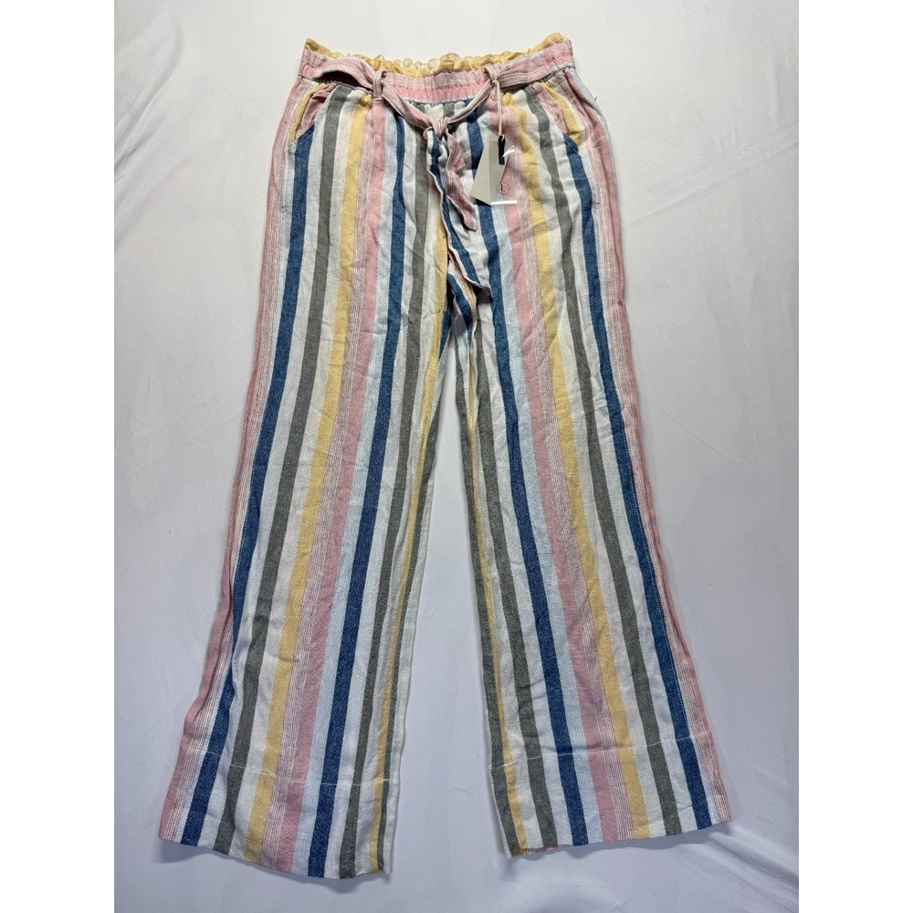Jolt Paperbag Palazzo Pants Women Large Multicolor Striped Linen Wide Leg Belted